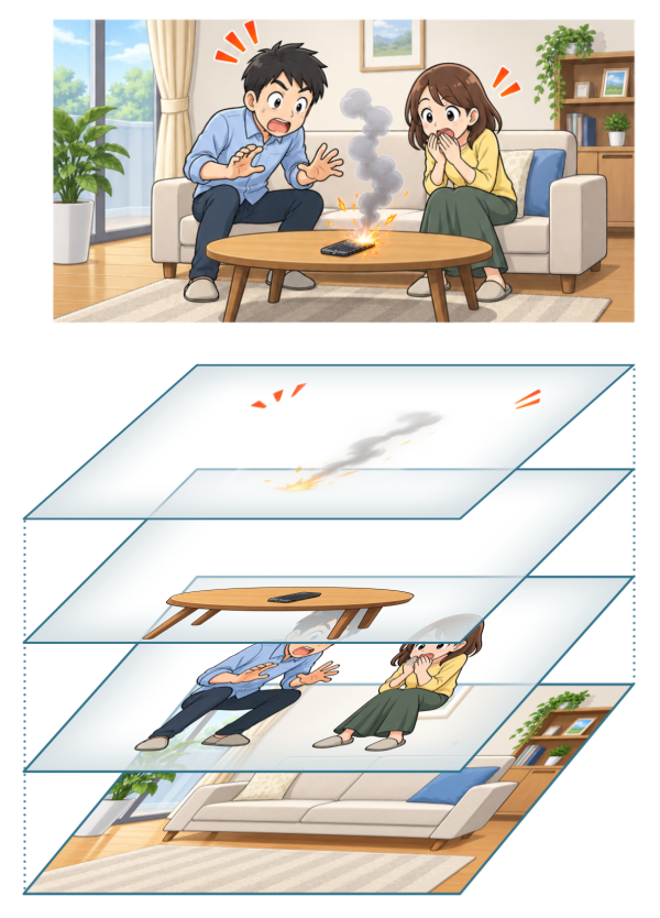 レイヤー分けの例。完成イラストと、効果・小物・人物・背景に分けたレイヤー