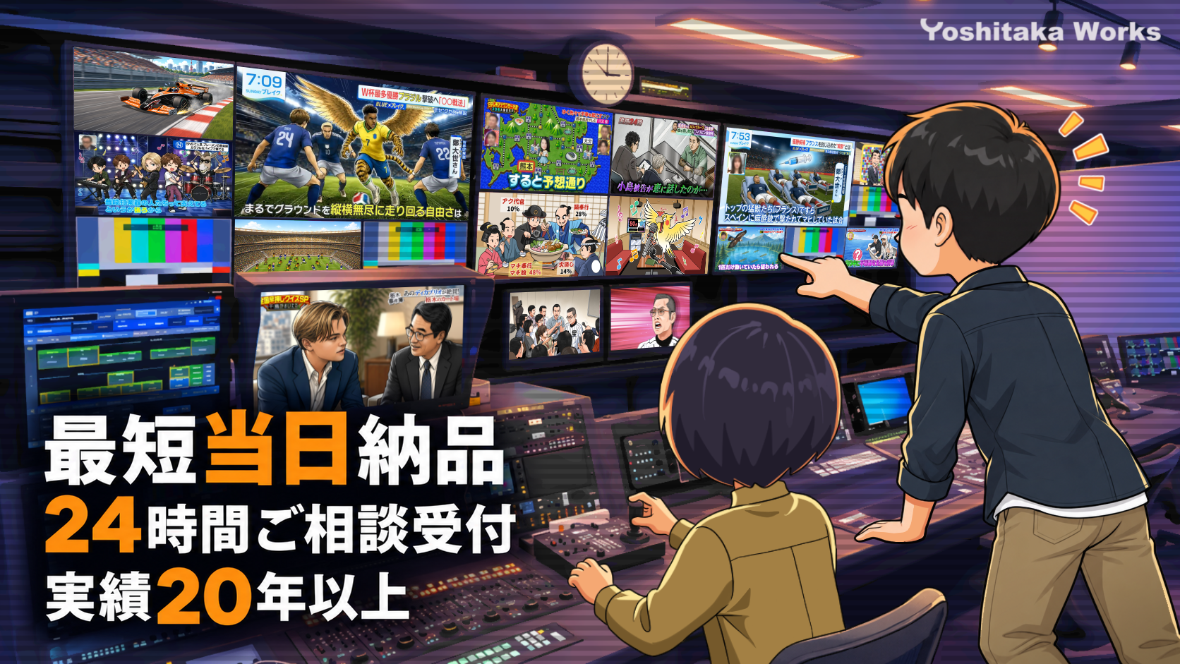 テレビ番組用イラスト制作｜編集室のモニターに映る制作イラスト
